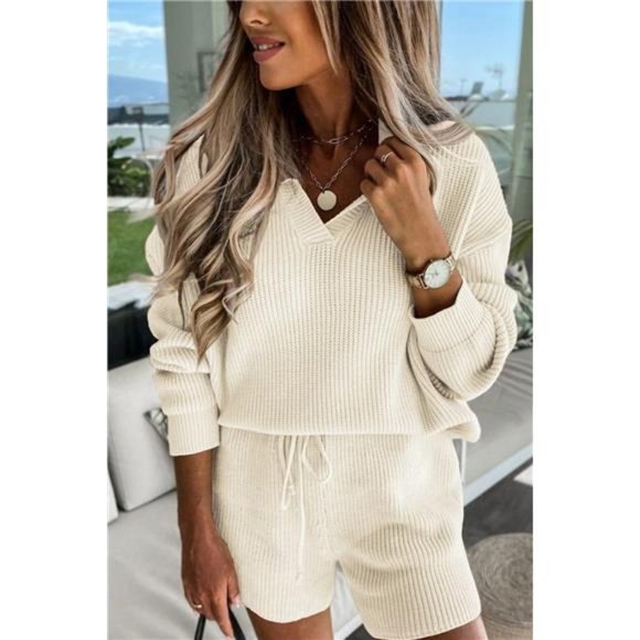 Beige White 2-Piece Ensemble Featuring a Long-Sleeve V-Neck Knit Pullover - Picture 2 of 6